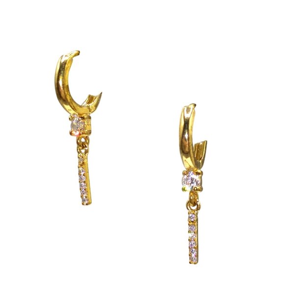Gold Tone Huggie Hoop Earrings with Vertical Bar Crystal Channel Drop - Picture 3 of 5